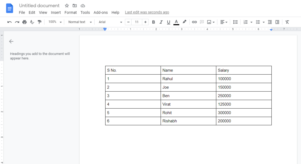 How to make a table in Google Docs