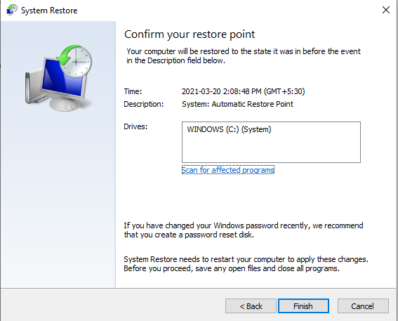 Confirm restore point
