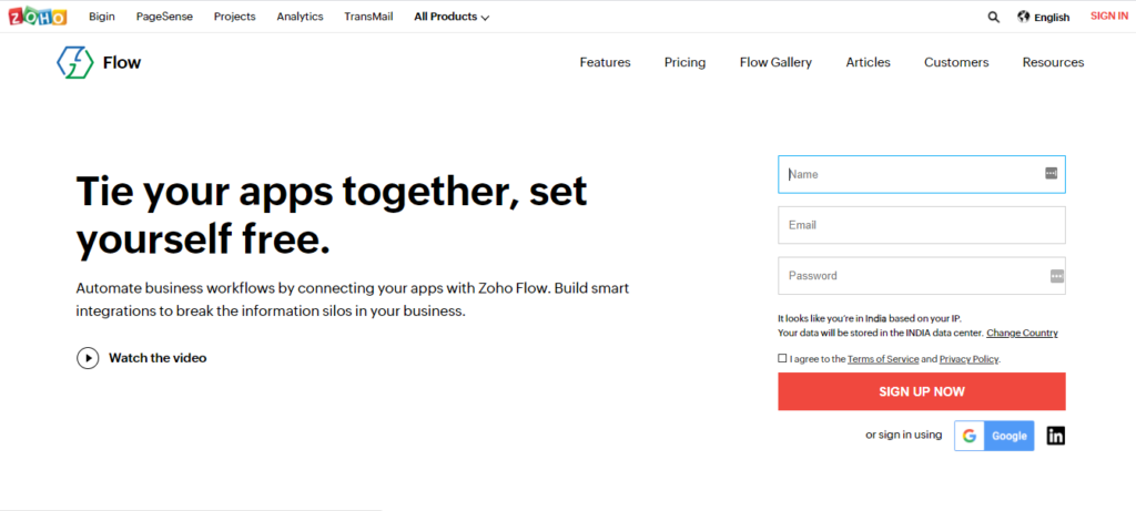Sign up for Zoho Flow