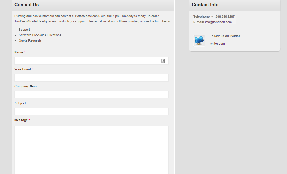 TowDesk Contact page