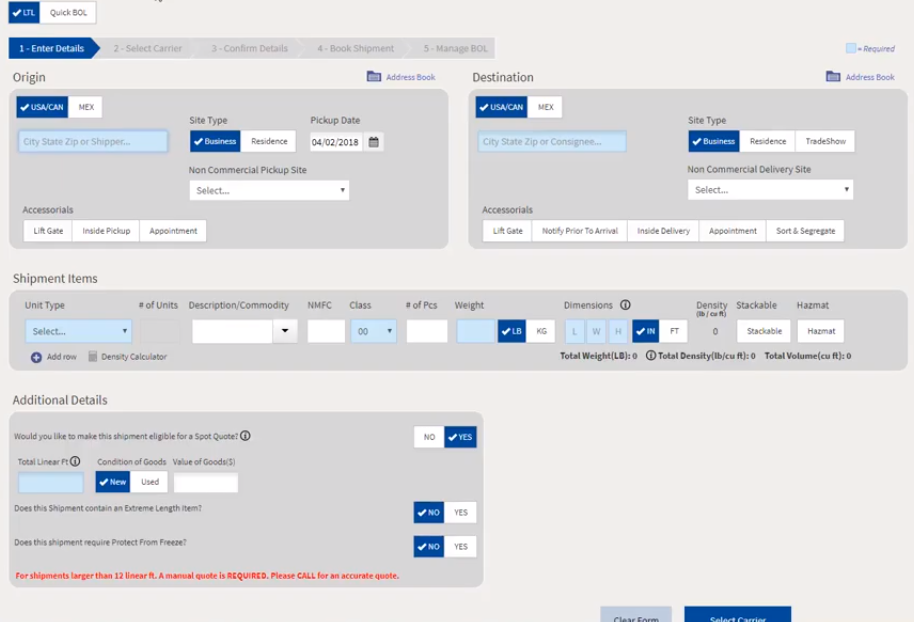 enter origin and destination details