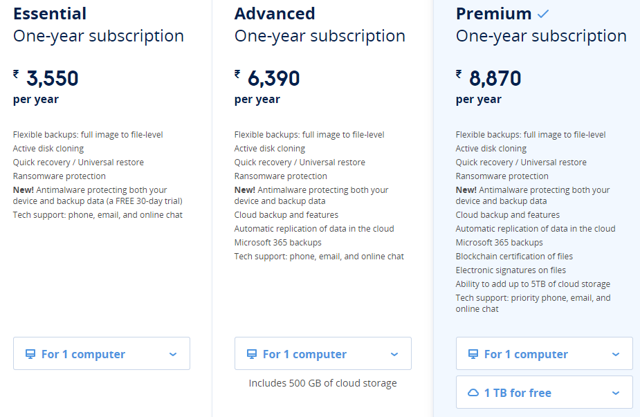 Acronis True Image 2021 pricing and plans