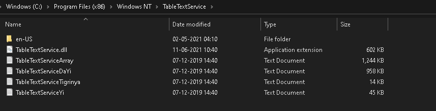 Windows NT folder Table TextService