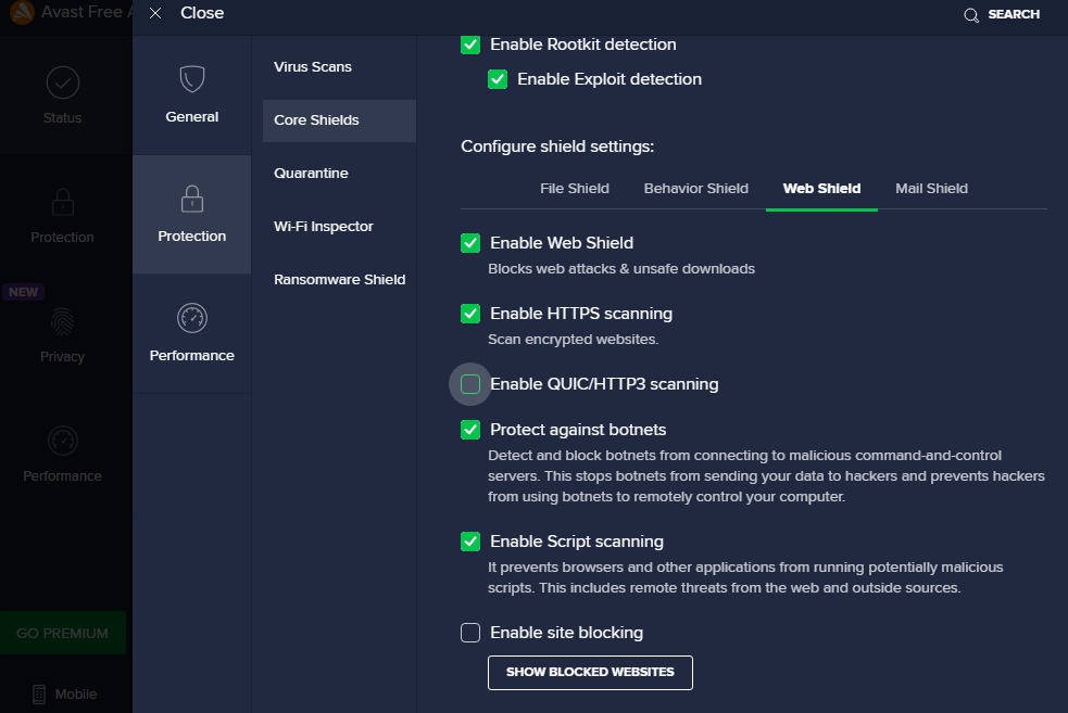 Avast- Disable Quic