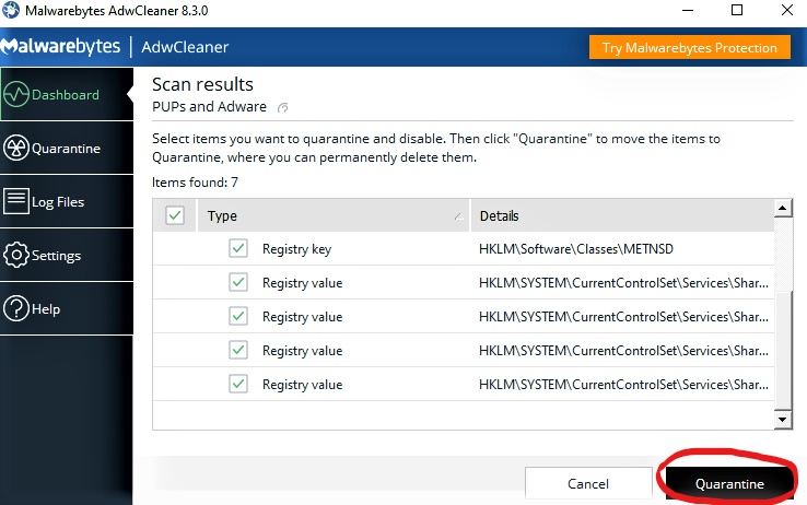 Quarantine adwares