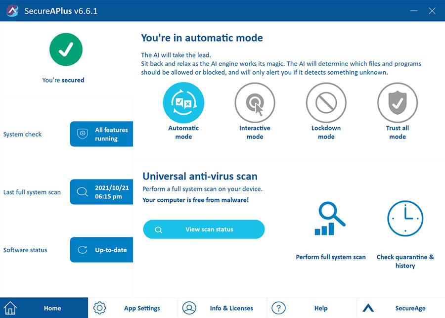 Home screen of Securage antivirus