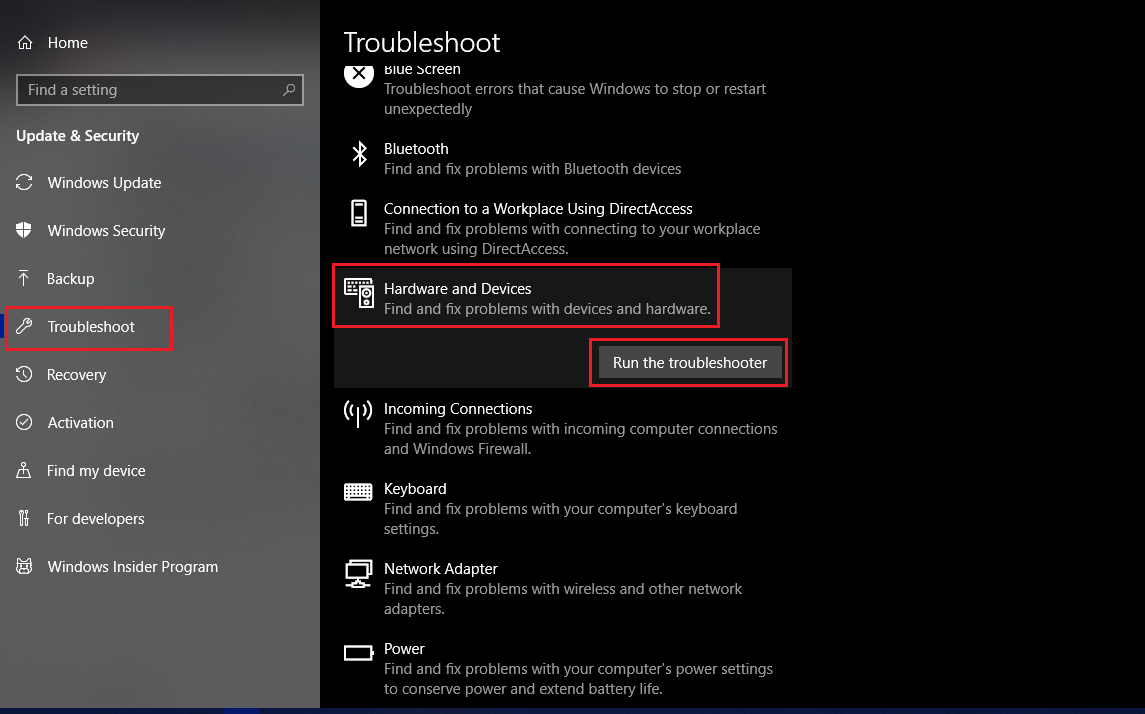 Try Running Device troubleshooter
