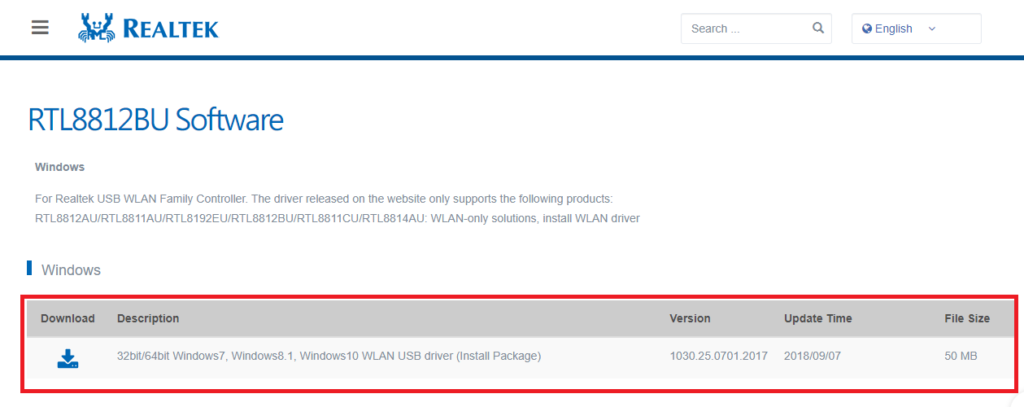 Driver Download page for RTL8812BU chipset devices