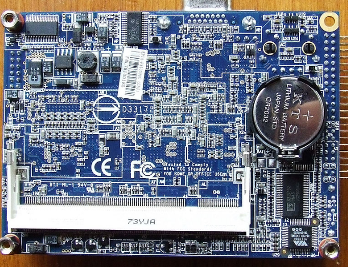A CR2032 Lithium-ion battery on a picoITX board. (Wikipedia)