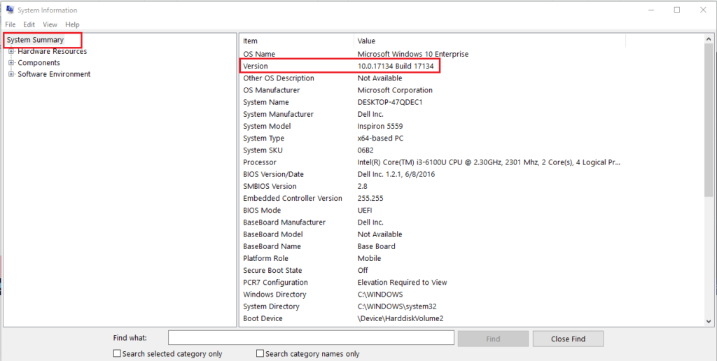 Windows build number in system info.